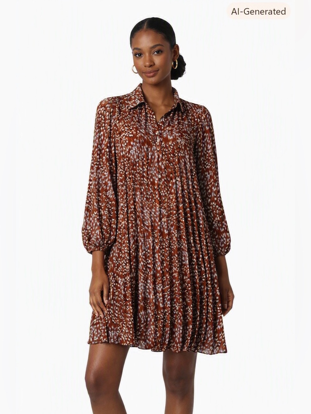 Nine West Pleated Long Sleeve Collared Shift Dress Rust Brown